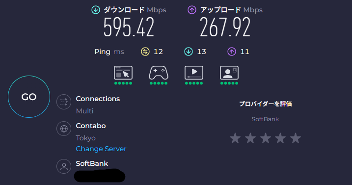 ソフトバンク　自宅での実測Ping値